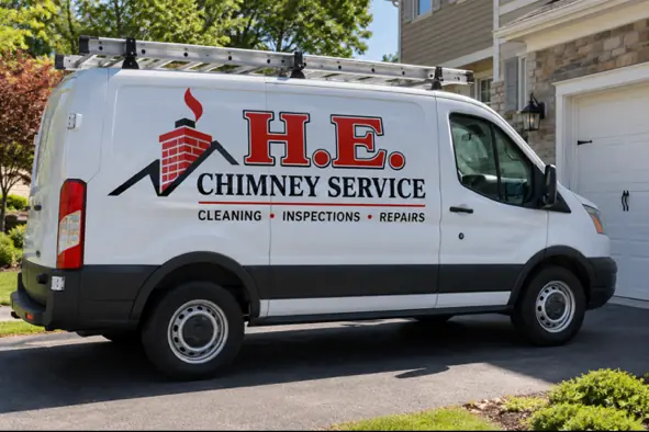 White H.E. Chimney Service van parked in a driveway, with a brick chimney logo on the side.